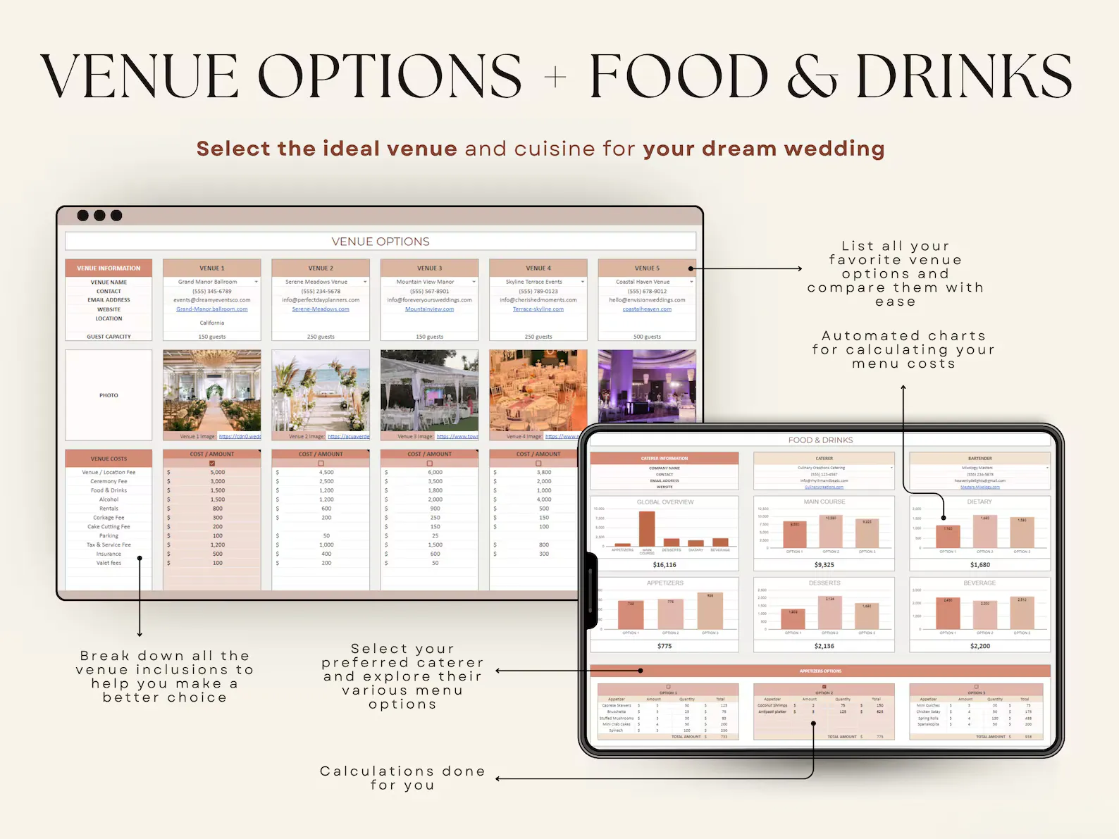 Wedding planner spreadsheet preview showing beautiful organization and automation features